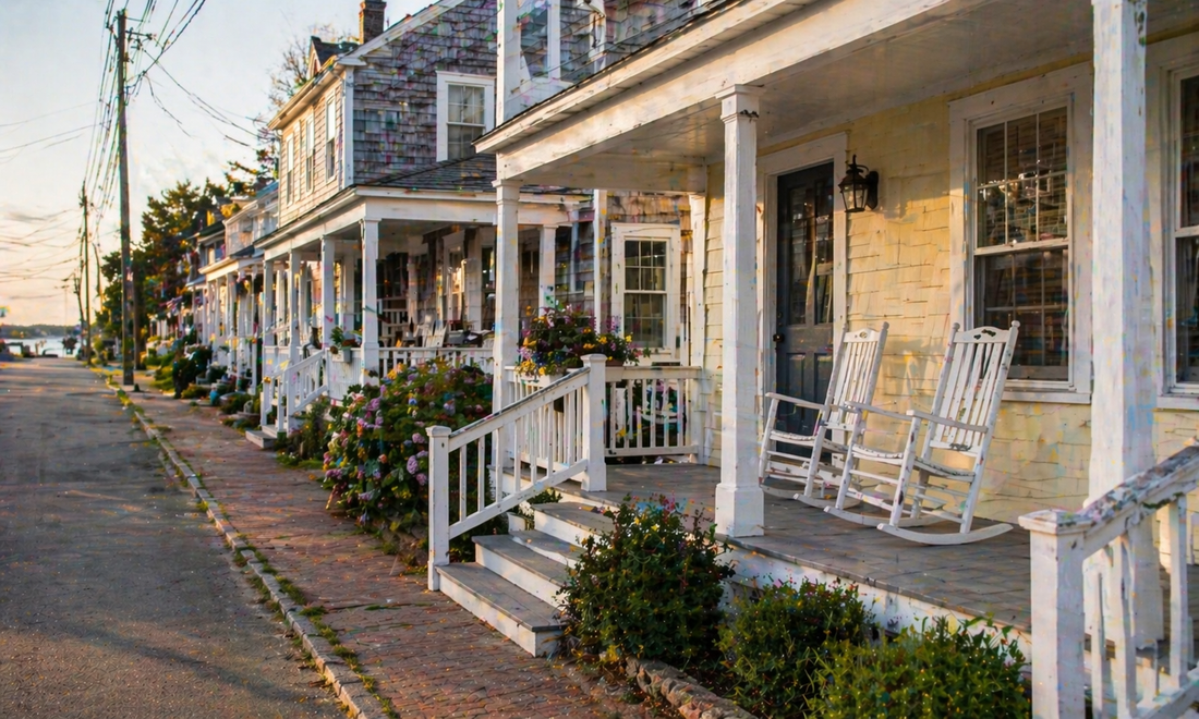 Residential porches along Wharf Street during late afternoon conditions
